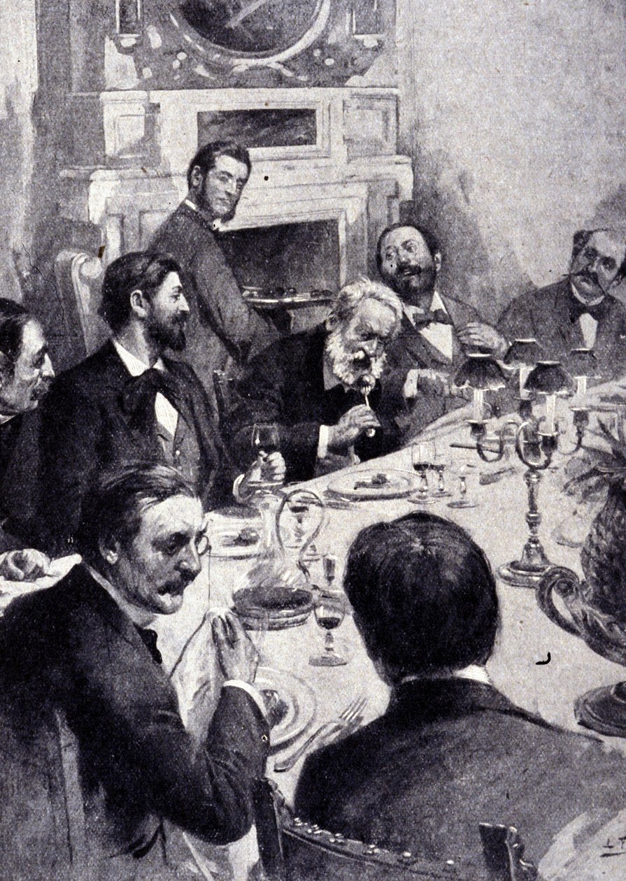 Dineren aan tafel met Victor Hugo en Jean Mounet Sully (Mounet-Sully) (1841 - 1916), Franse acteur. Gravure uit de 19e eeuw. door Unknown artist