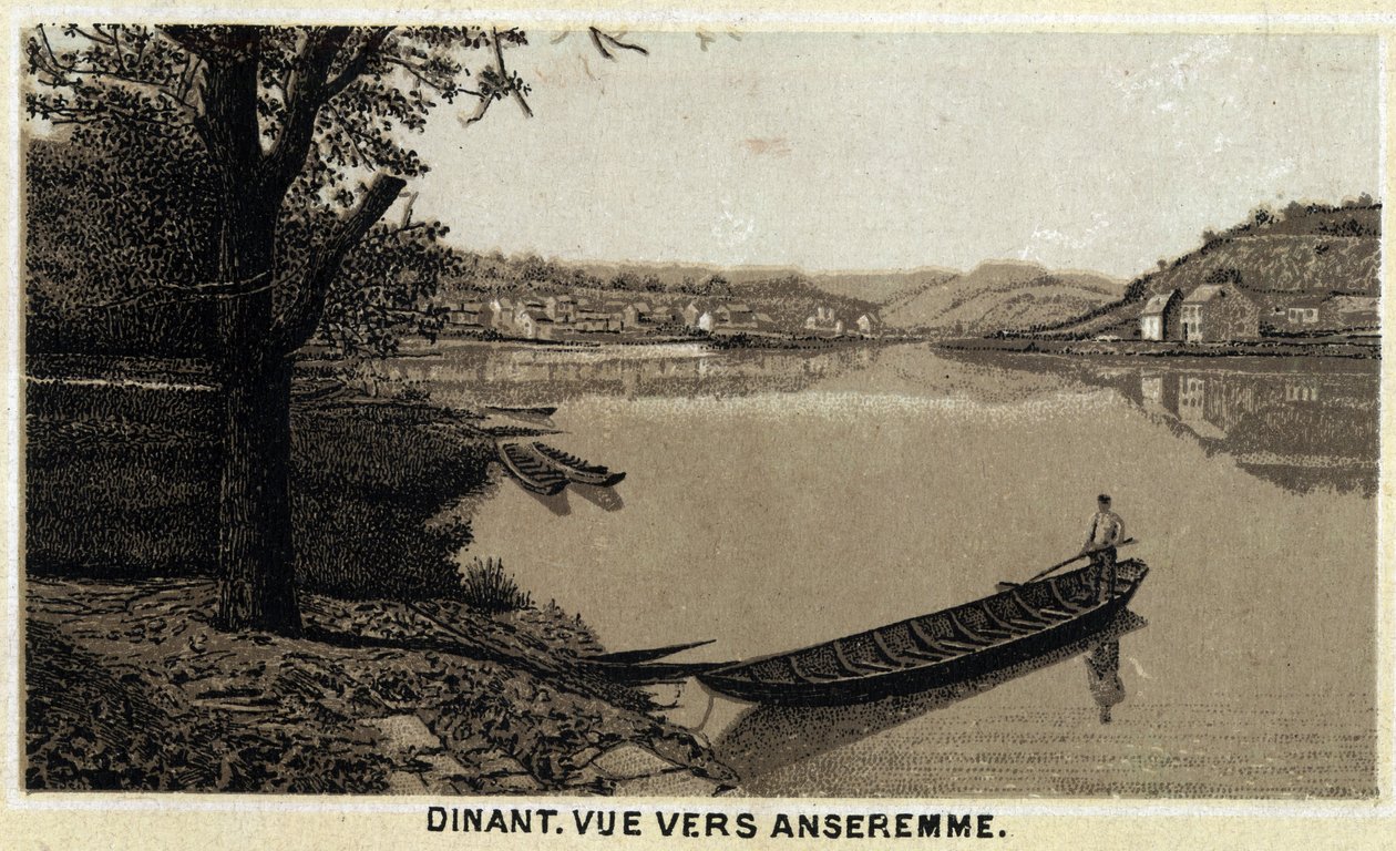 Diner, uitzicht richting Anseremme, en rivier Lesse, Waalse Regio van België. Chromolithografie van de late 19e eeuw. door Unknown artist