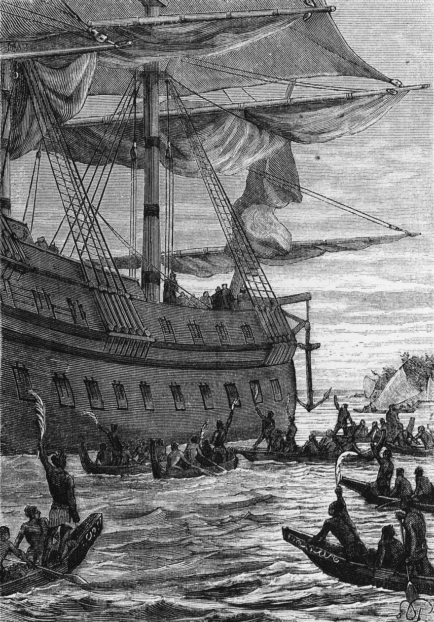 Ontdekking van Indië: reis van Wallis in de Stille Oceaan; Inheemse mensen gaan de kolonisten ontmoeten - in 