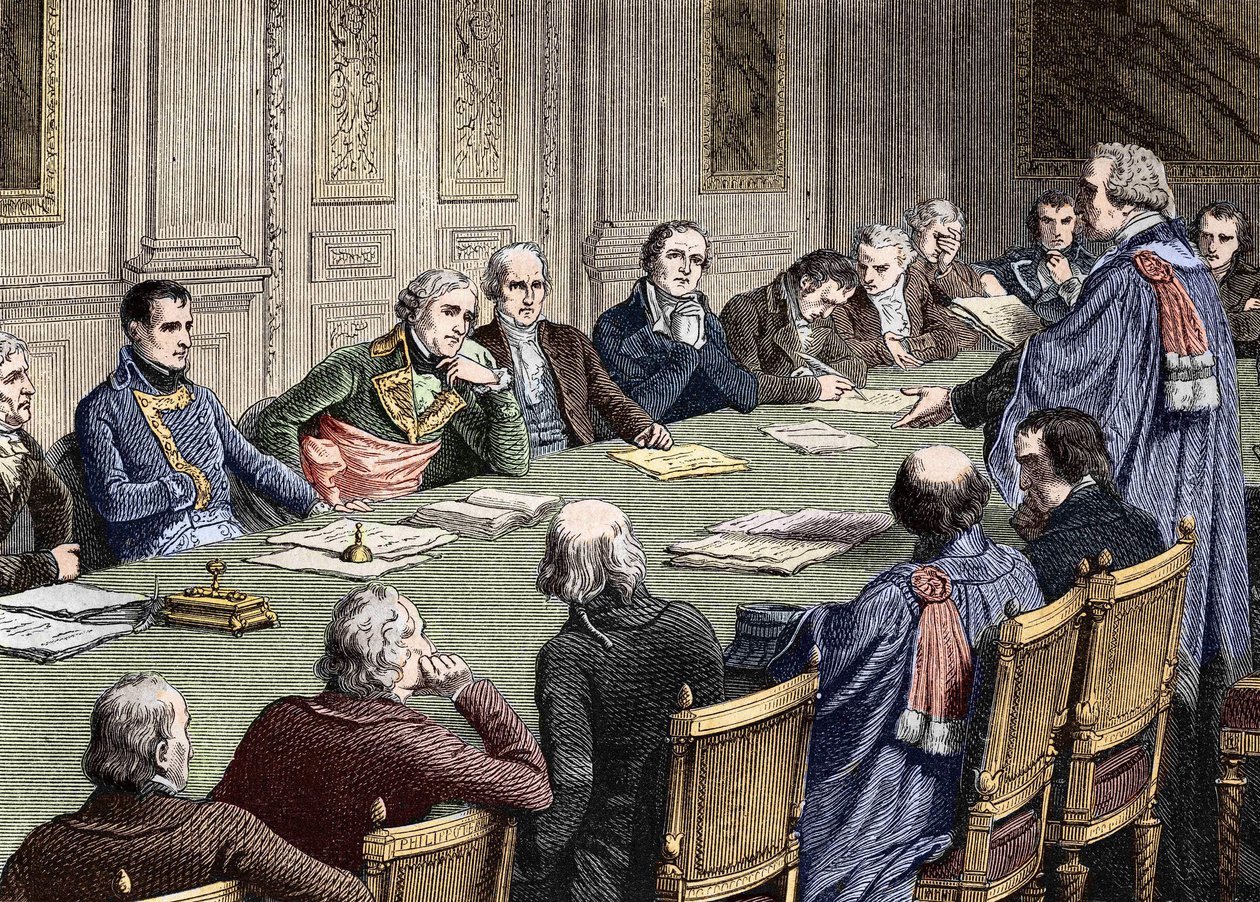 Bespreking van het Burgerlijk Wetboek bij de Raad van State (1800-1804), onder voorzitterschap van de eerste consul, Napoleon Bonaparte heeft zijn linker Jean Jacques Regis de Cambaceres door Unknown artist