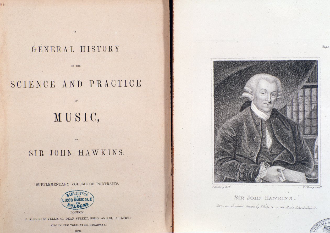 Dubbele pagina en frontispice van Algemene Geschiedenis van de Wetenschap en Praktijk van Muziek door John Hawkins door Unknown artist