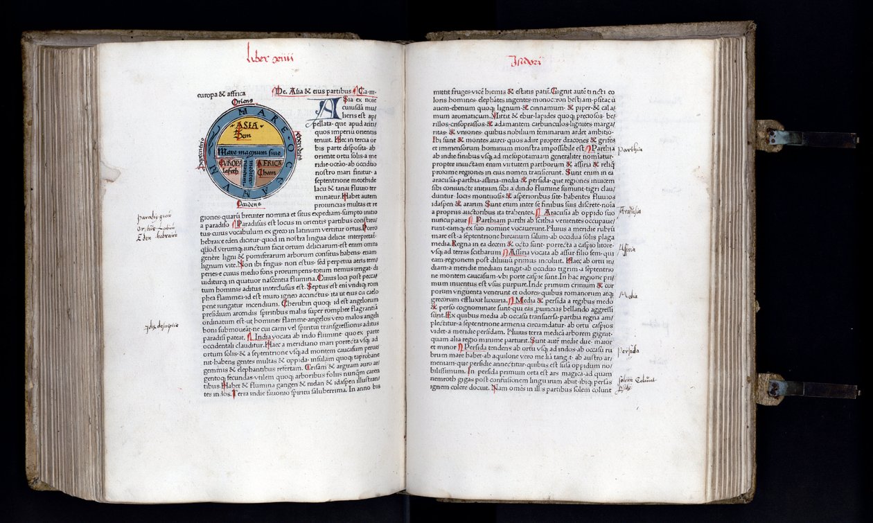 Dubbele pagina met de schematische kaart van de wereld op het T-O model door Unknown artist
