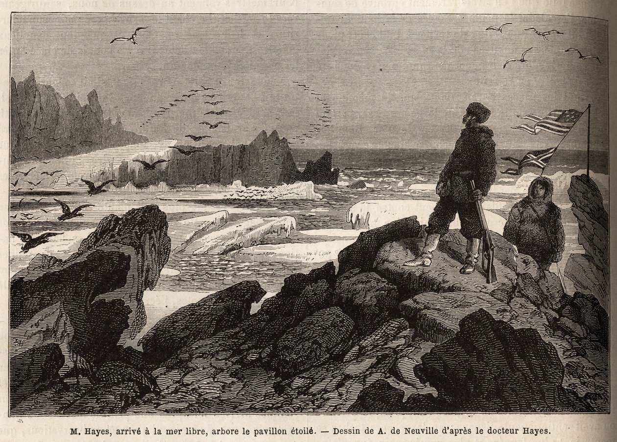 Dr. Hayes, arriveert bij de vrije zee van de Noordpool, het doel van zijn expeditie, plant de Amerikaanse stervlag. Gravure ter illustratie van de reis naar de vrije zee van de Noordpool, door dokter Hayes, chirurg van de Amerikaanse marine, in 1860-1862 door Unknown artist