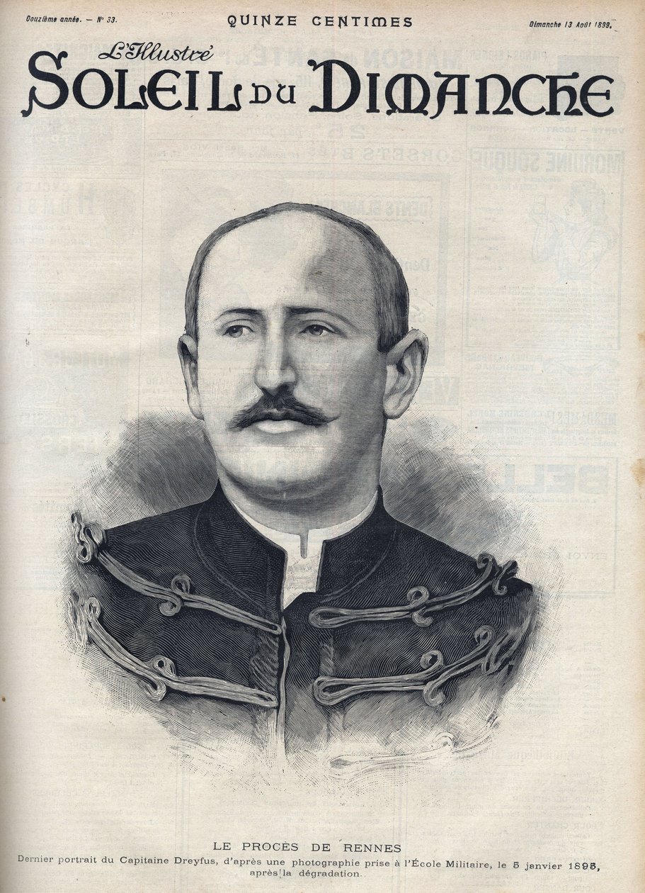 Dreyfus-affaire: portret van Alfred Dreyfus (1859-1935) na zijn degradatie tijdens het proces in Rennes. Gravure in 