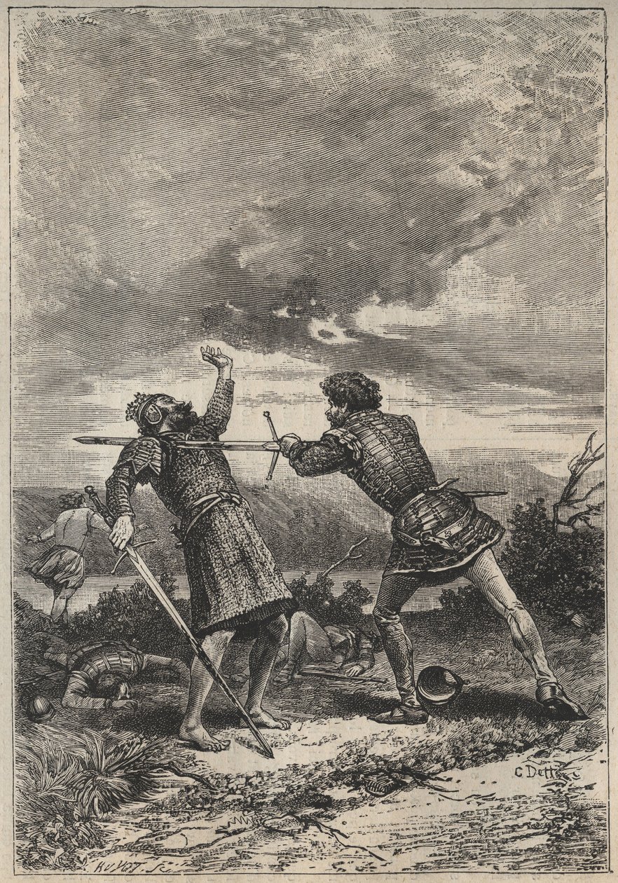 Duel en dood van Oak Torquil - 19e-eeuwse illustratie voor de historische roman 
