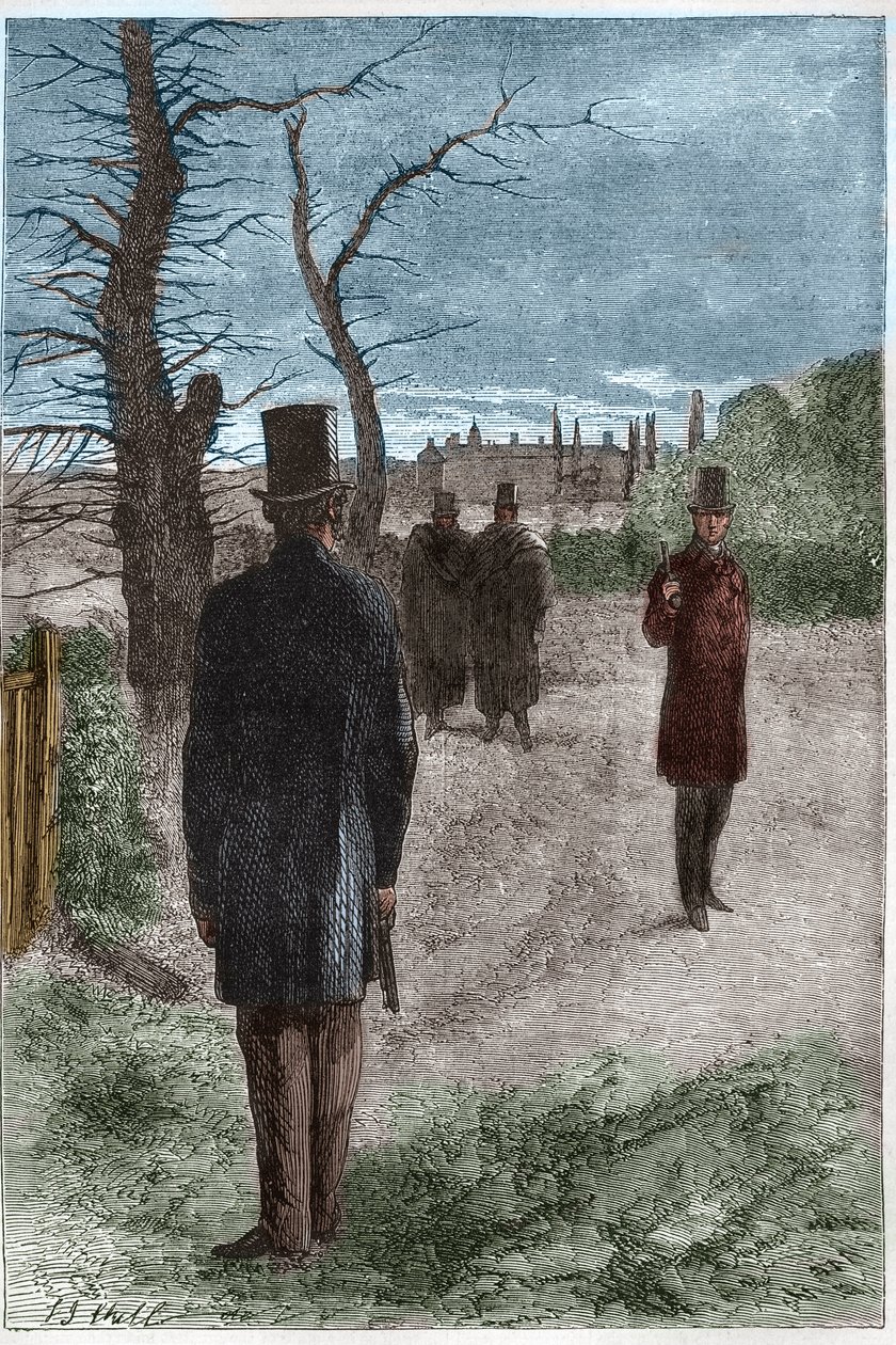 Duel tussen George William Finch-Hatton, Graaf van Winchilsea (1791-1858) en Arthur Wellesley, Hertog van Wellington (1769-1852) in Battersea Fields, op 21 maart 1829 door Unknown artist