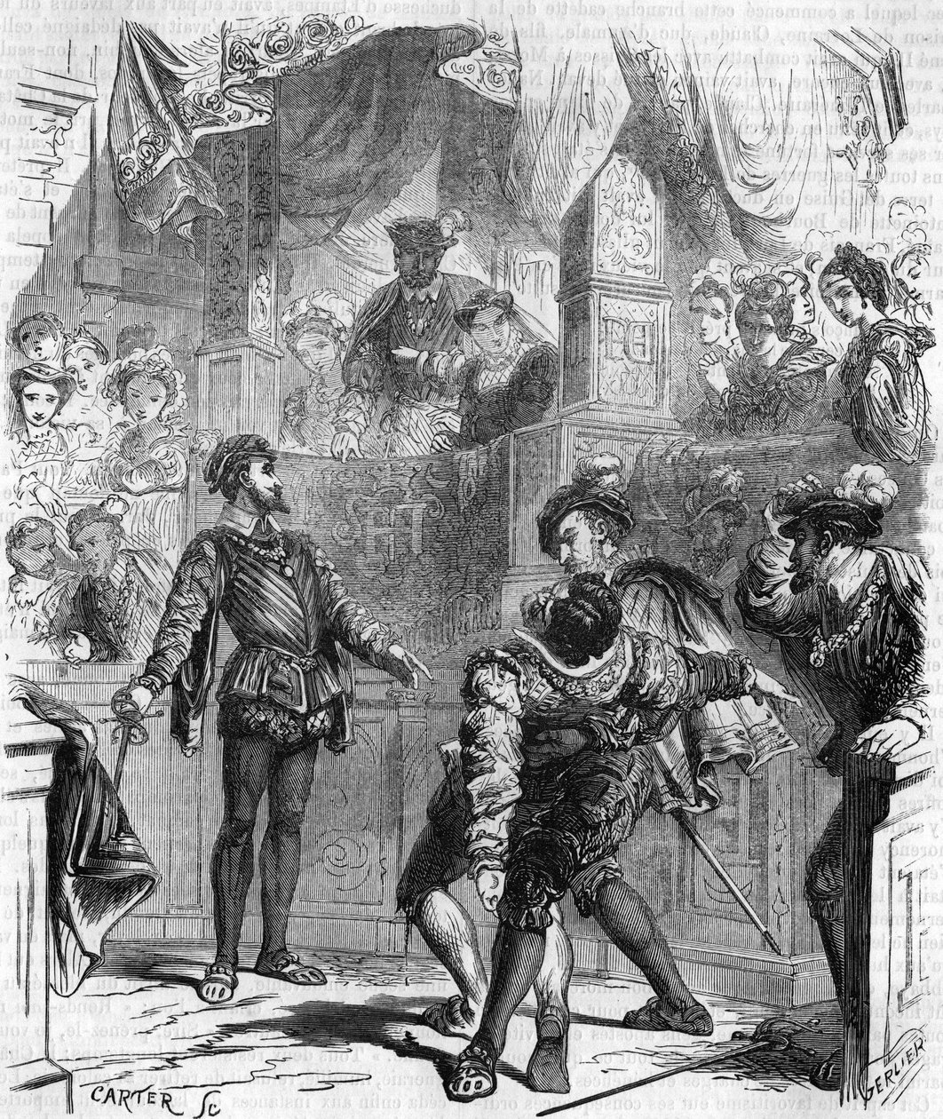 Duel met het zwaard van François de La Chataigneraie tegen Guy de Jarnac; Jarnac verwondde zijn tegenstander dodelijk door zijn scheenbeen te snijden; in 1547, gravure uit de 19e eeuw. door Unknown artist