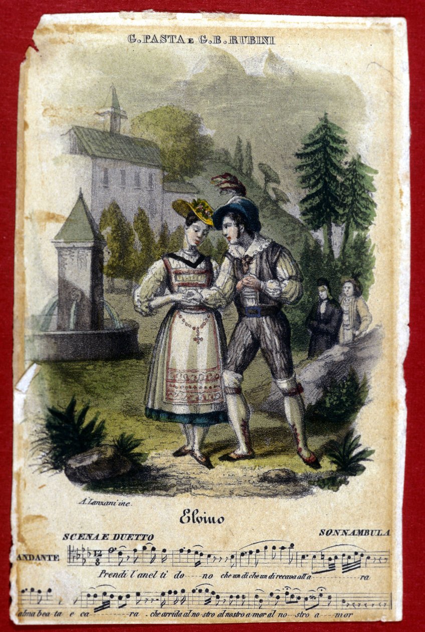 Duo tussen Giuditta Pasta en Gian Battista Rubini in de opera La Sonnambula door Vincenzo Bellini. Teatro Carcano van Milaan. 1831 door Unknown artist