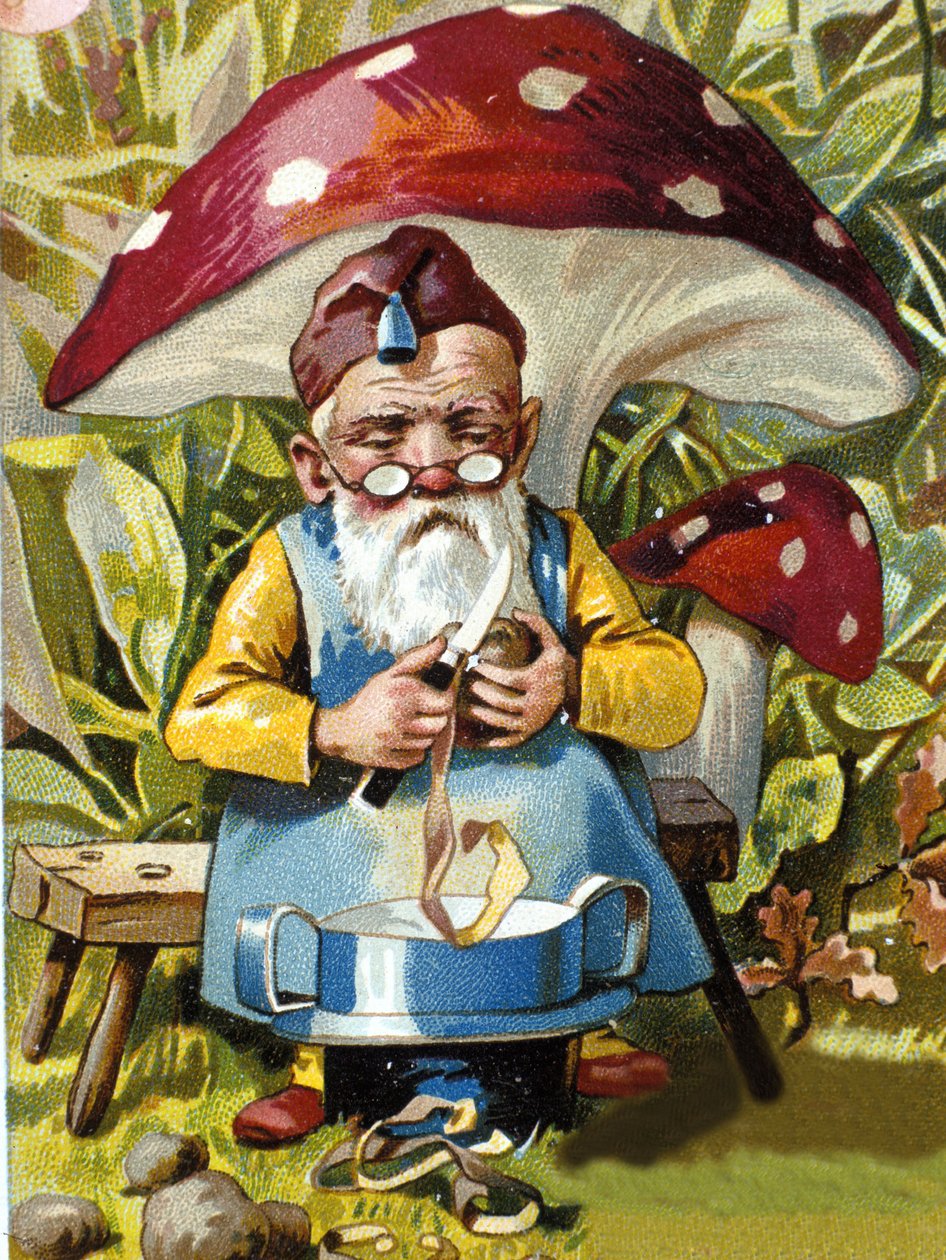 Dwerg of farfadet schilt aardappelen. Chromolithografie uit de 19e eeuw door Unknown artist