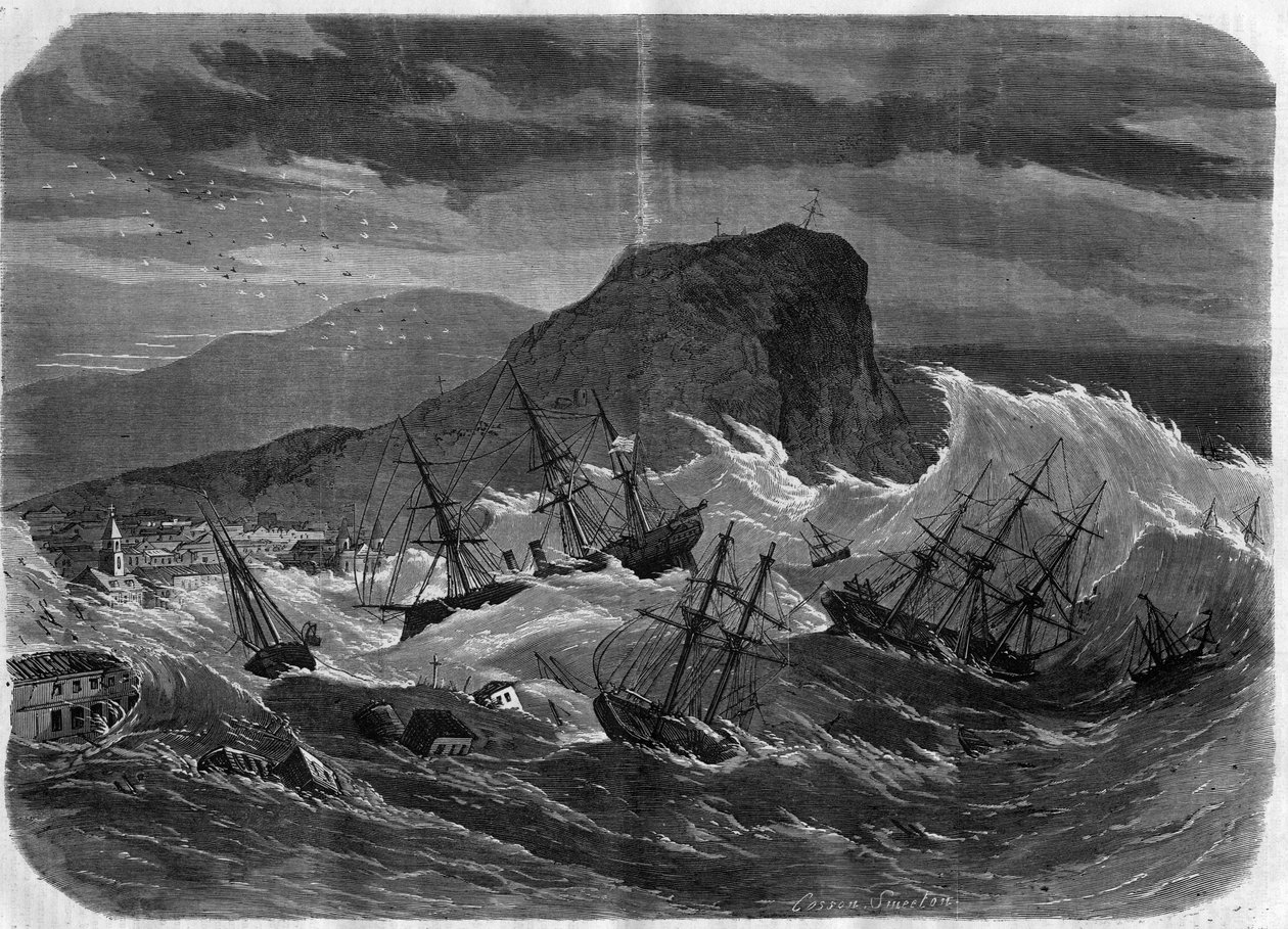 Aardbeving in Peru: tsunami overspoelt de stad Arica in september 1869 - Gravure in 