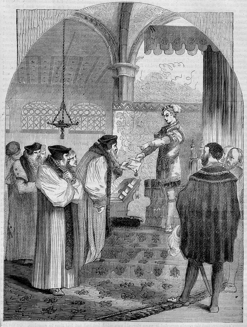 Eduard VI (1547-1553), Koning van Engeland, presenteert het certificaat van Joan Bocher aan Aartsbisschop Cranmer door Unknown artist