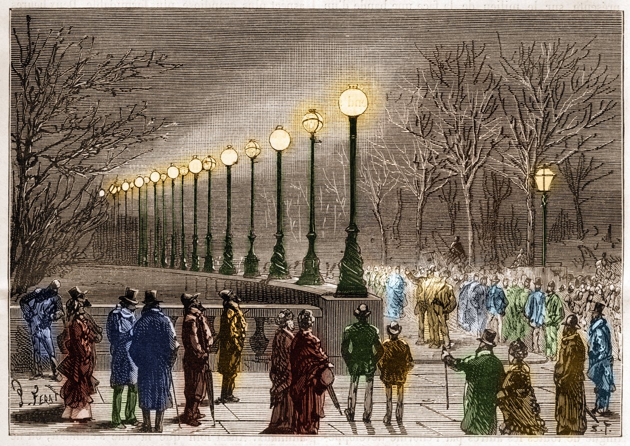 Elektrische verlichting: vloerlampen van Victoria Quay in Londen, Groot-Brittannië. Gravure in “La Nature” door Unknown artist