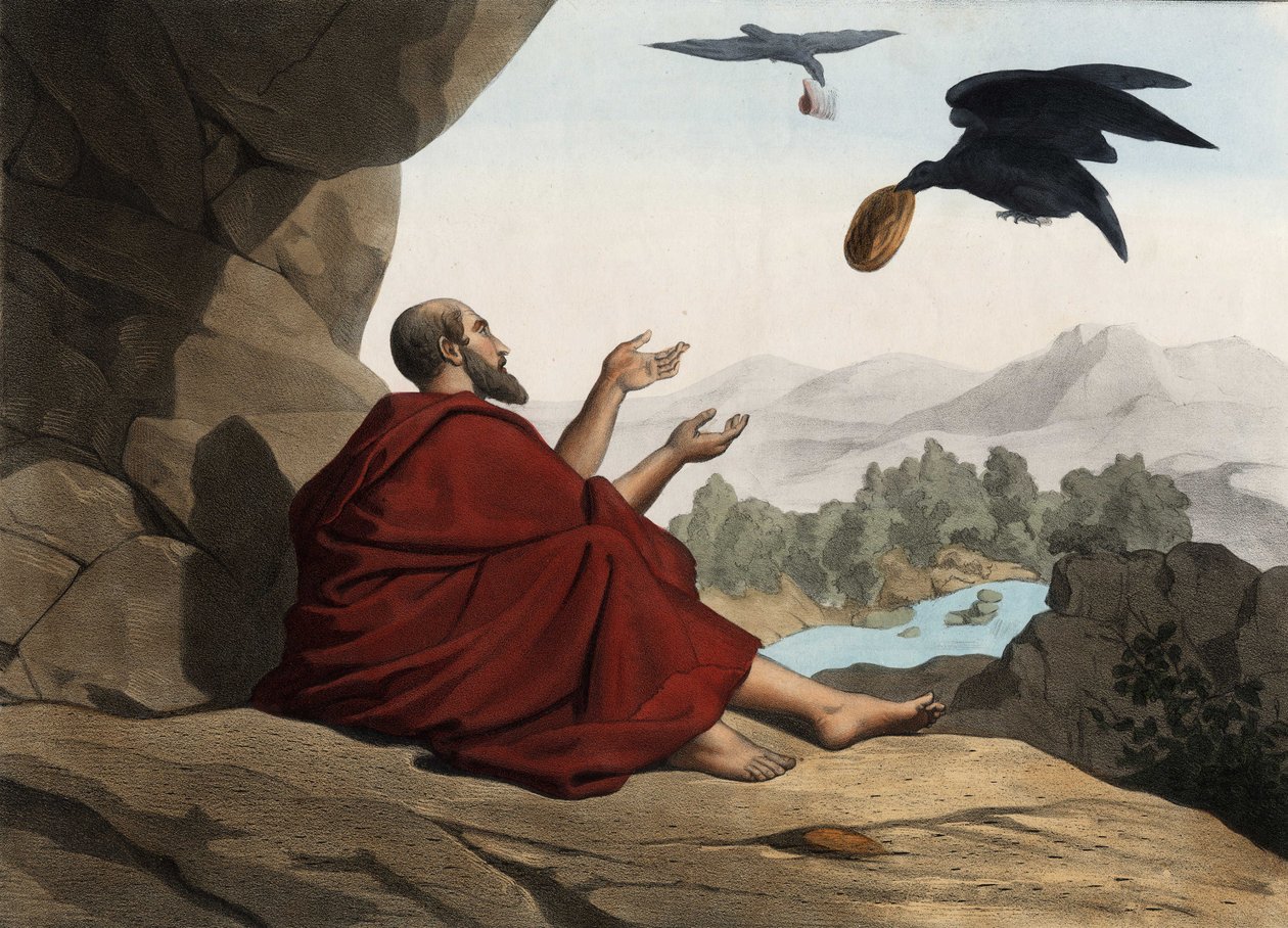 Elia, verborgen bij de beek van Kerith, wordt gevoed door de raven. Anonieme gravure uit het midden van de 19e eeuw. door Unknown artist