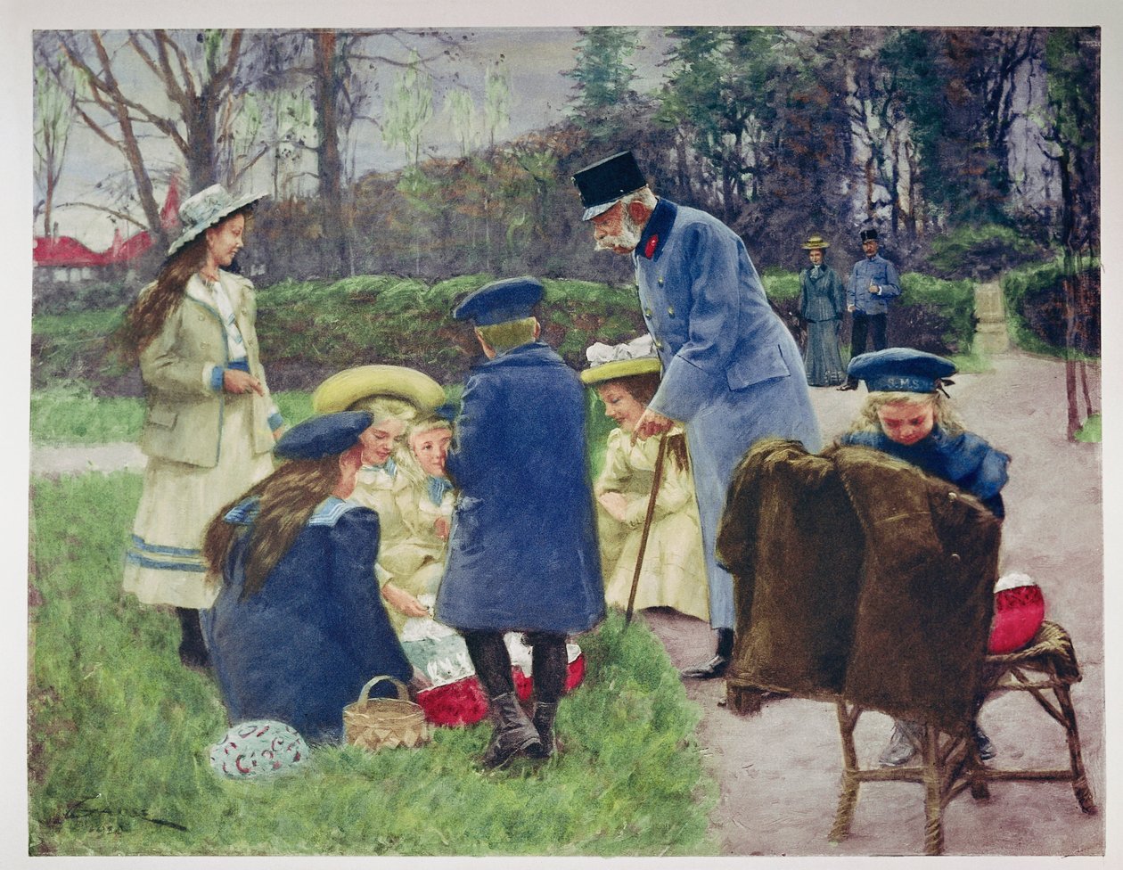Keizer Frans Jozef kijkt naar zijn kleindochter in het park van zijn villa in Ischl, Opper-Oostenrijk door Unknown artist
