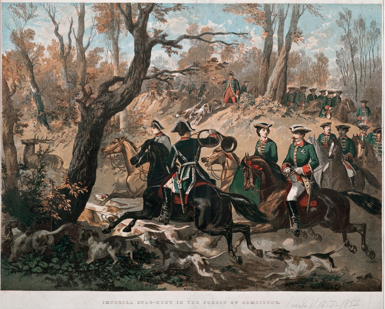 Keizer Napoleon III (1808-1873) en zijn vrouw Eugenia de Montijo (1826-1920) wandelend door het bos van Compiegne. Lithografie in kleur rond 1855 Milaan Museo del Risorgimento door Unknown artist