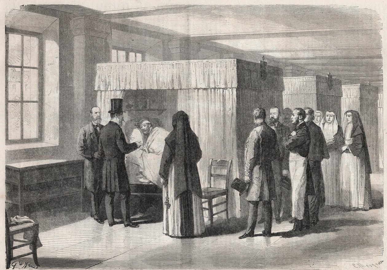Keizer Napoleon III (1808-1873) bezoekt de kamers van het Hotel Dieu voor cholerapatiënten en praat met hen - Gravure in 