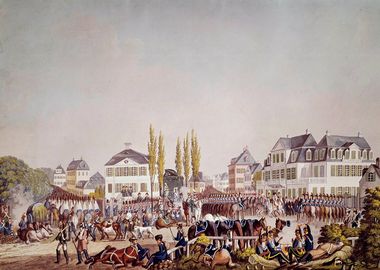 Keizer Napoleon I inspecteert de troepen in Frankfurt. Gravure uit 1813 door Unknown artist