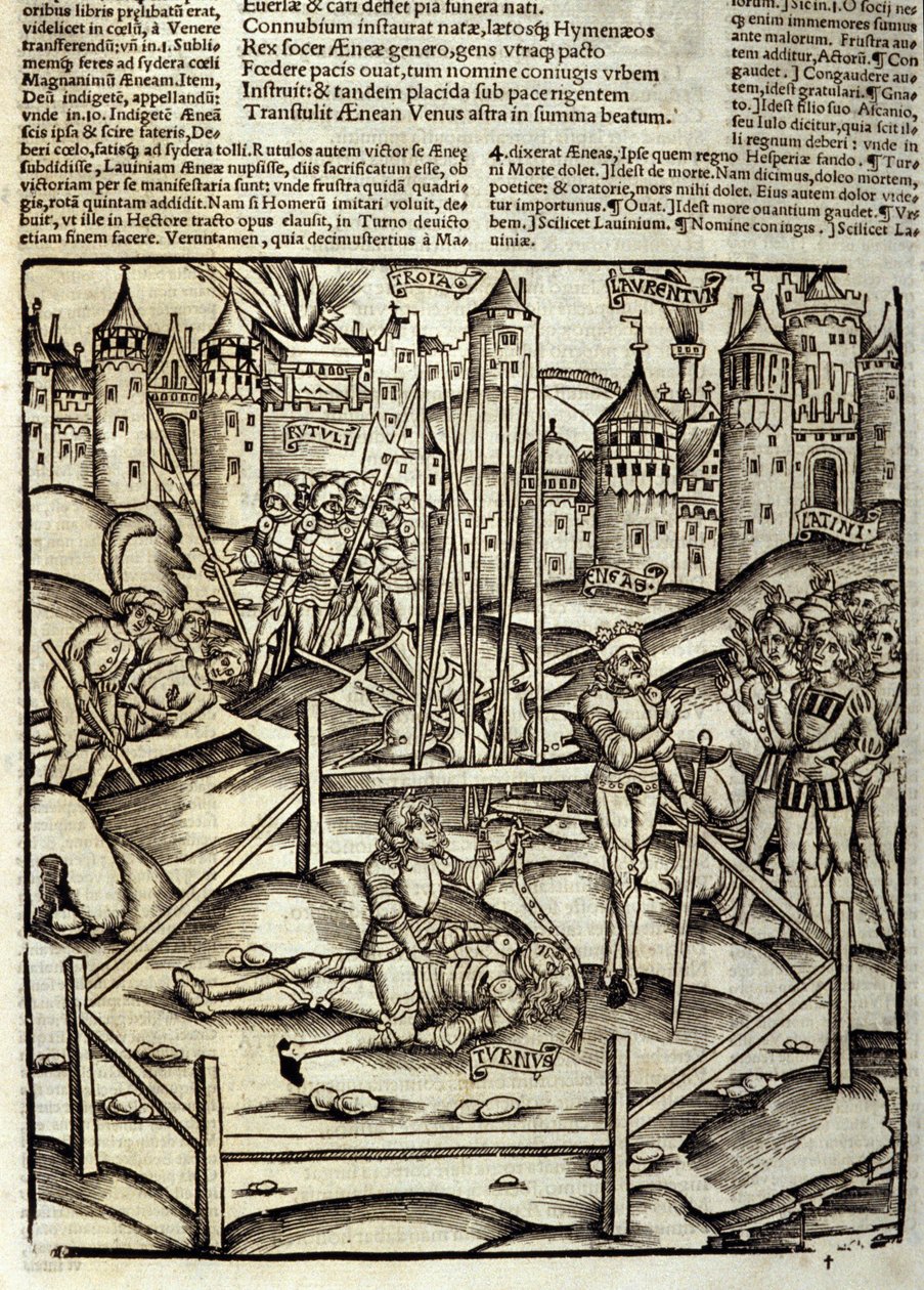 Eneide van Virgil (70 v.Chr.-19 v.Chr.), Boek XII, de Trojaanse held Enee doodt in een Turnus-gevecht onder de ogen van de Latijnen en Rutules. Houtsnede door Sebastian Brant (1458-1521). Straatsburg door Unknown artist