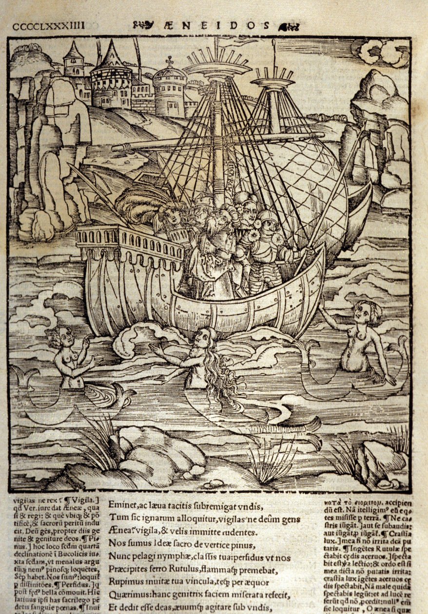Eneide van Virgil (70 v.Chr.-19 v.Chr.), de Trojaanse held Enee en zijn metgezellen steken een zee vol sirenen over. Houtsnede door Sebastian Brant (1458-1521). Straatsburg door Unknown artist