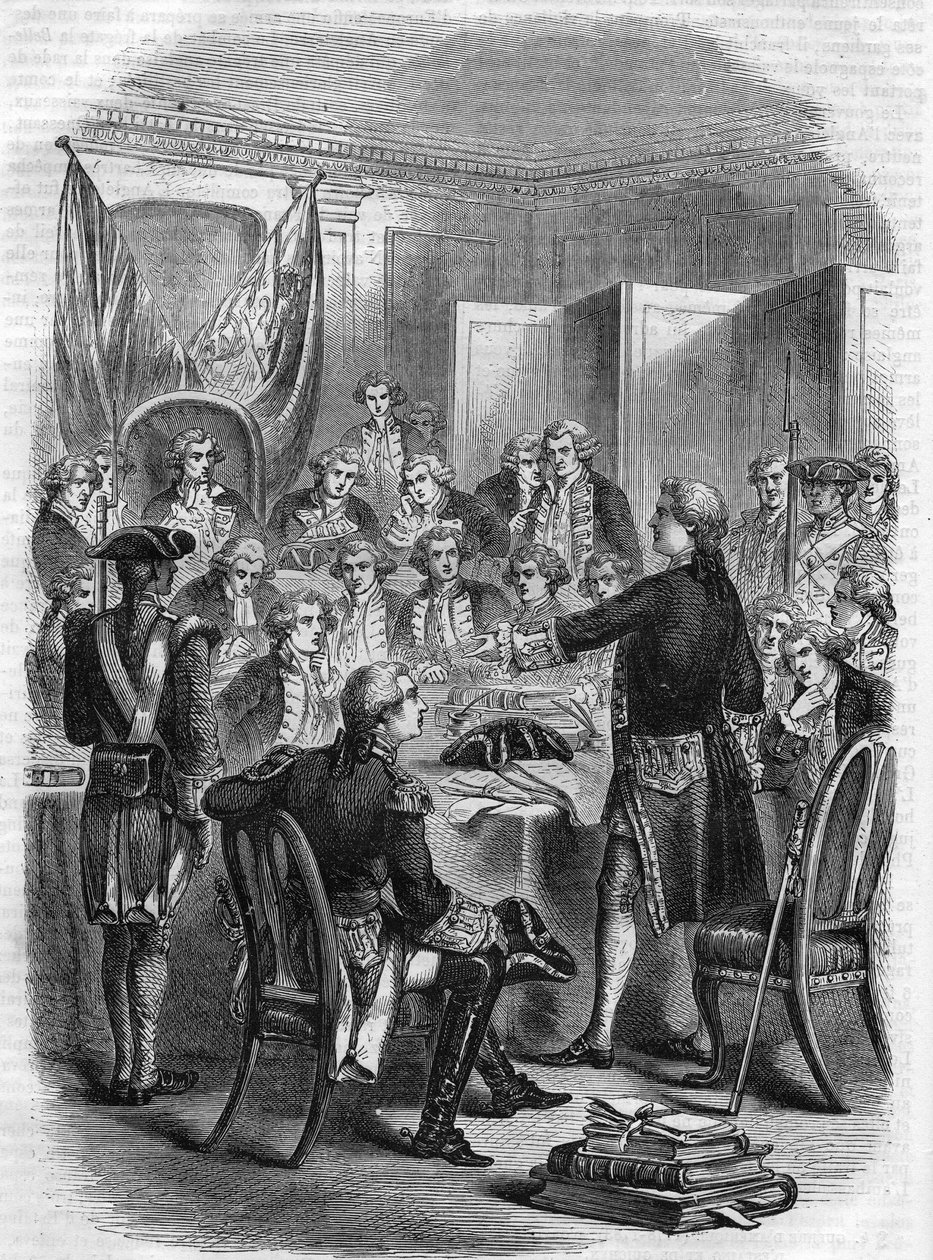 Engelse admiraal Augustus Keppel voor de krijgsraad na de zeeslag bij Ouessant op 27 juli 1778. door Unknown artist