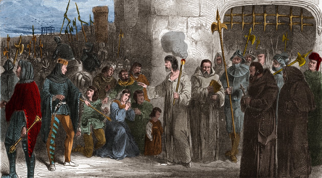 Enguerrand de Marigny (1260-1315) kamerheer en minister van koning Filips IV de Schone op weg naar marteling in 1315. Gravure in 