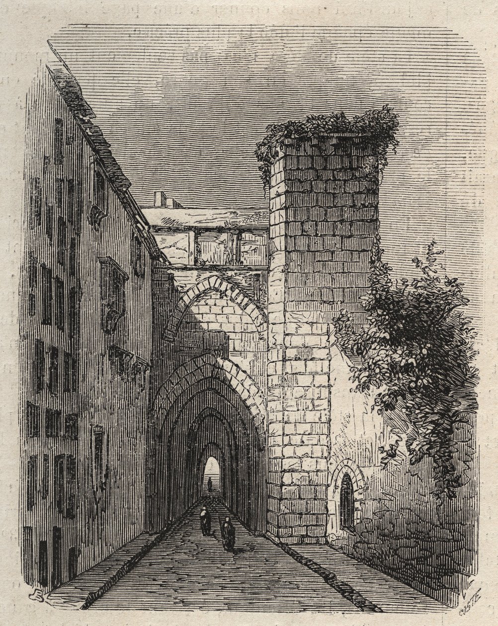 Ingang van de Arabische Medrese (Hogere School) in Jeruzalem waar de Mesha-stele van de tempel was begraven - gravure in 