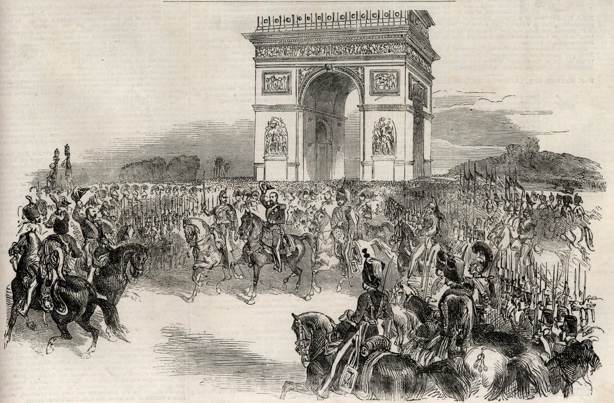 Intocht van Napoleon III in Parijs door de Arc de Triomphe op 2 december 1852 - gravure door Unknown artist