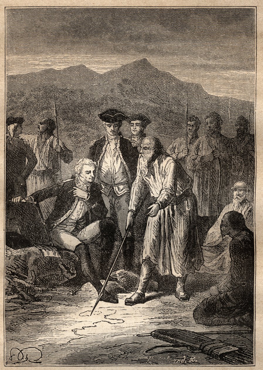 Expeditie Rond de Wereld (1785-1788) door Jean Francois Galaup de La Perouse (1741-1788): de zeelieden landen op het eiland Saghalian (Sakhaline) en ontmoeten een oude man die hen een kaart van Tartaria tekende - illustratie uit 
