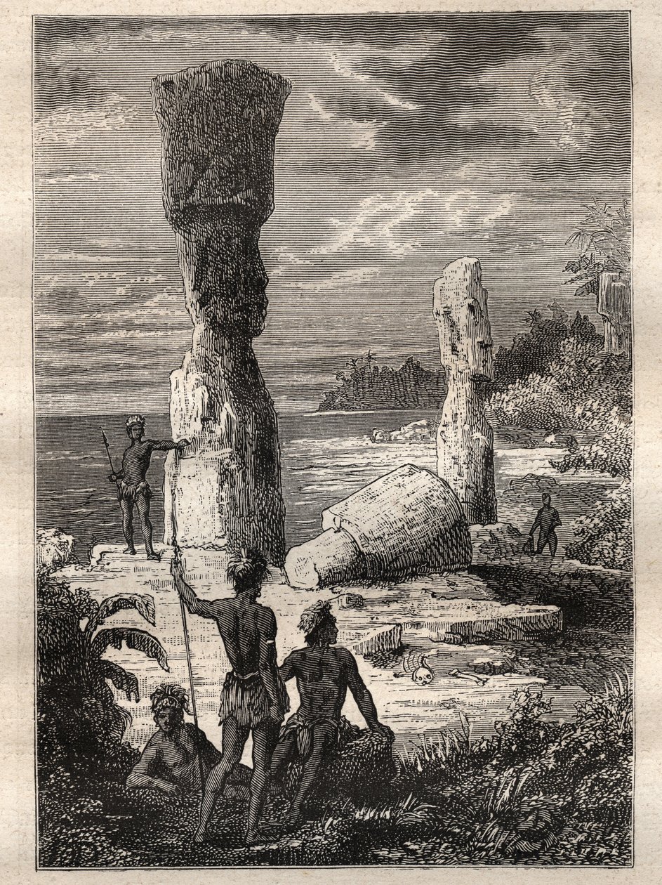 Expeditie rond de wereld (1785-1788) door Jean François Galaup de La Pérouse (1741-1788): inboorlingen van Paaseiland kijken naar monumentale beelden (Moai) - illustratie uit 