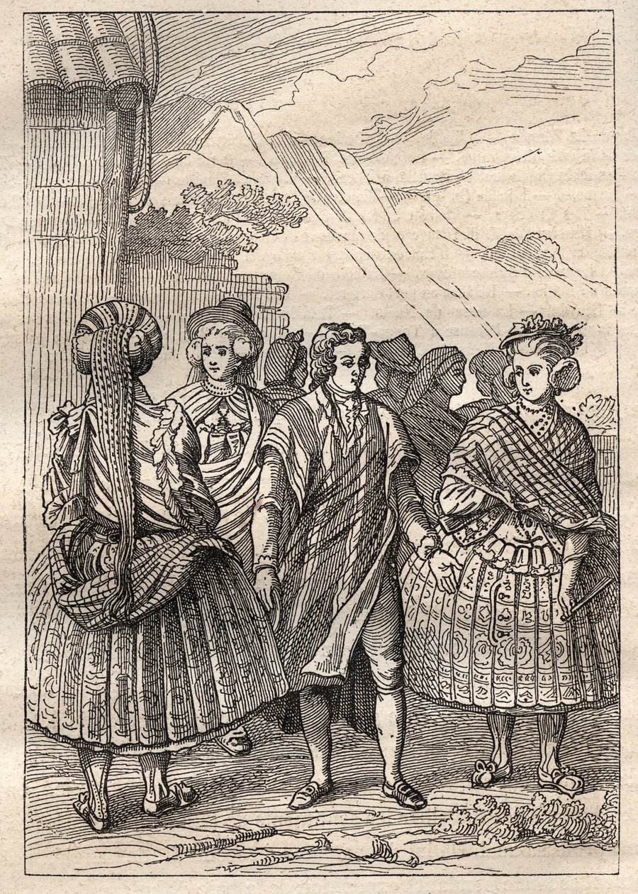 Expeditie rond de wereld (1785-1788) door Jean Francois Galaup de La Perouse (1741-1788): kostuums van de inwoners van Concepcion (Chili) - illustratie uit 