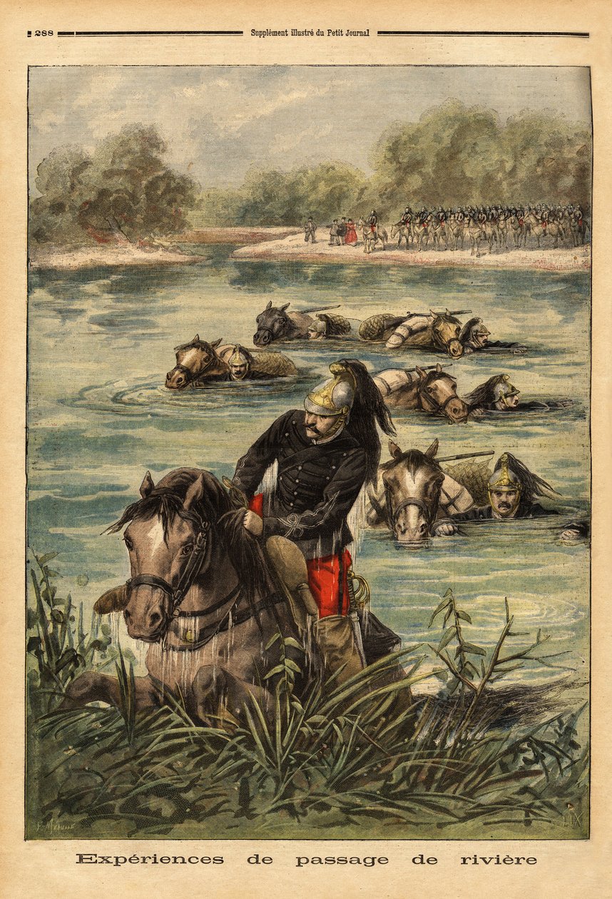 Ervaring van rivieroversteek door het 7e regiment draken in Fontainebleau. Gravure in Le petit journal 6/09/1896. Selva