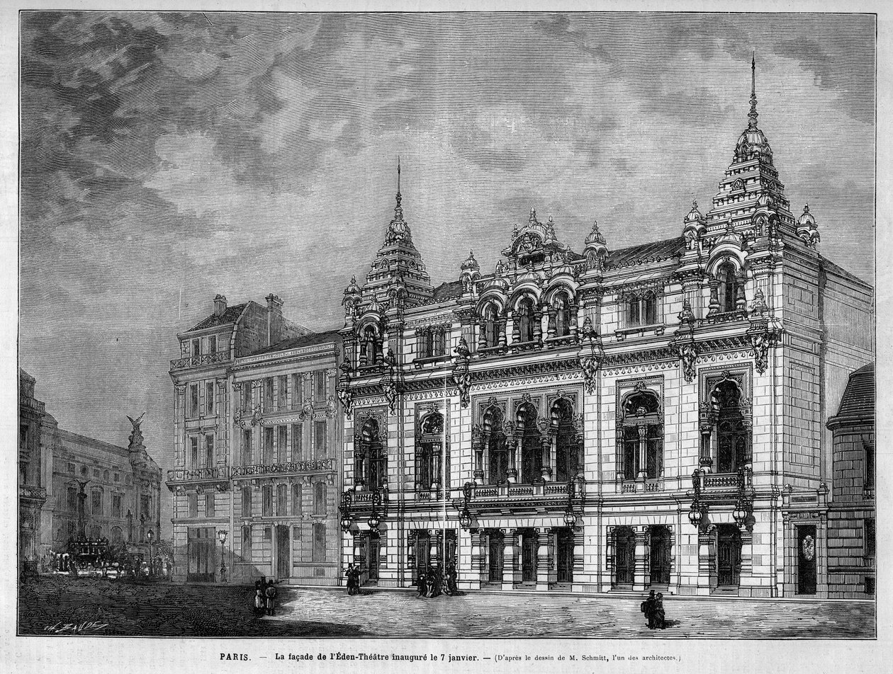 Façade van het Eden Theater 7 rue Boudreau in Parijs geopend op 7 januari door Unknown artist