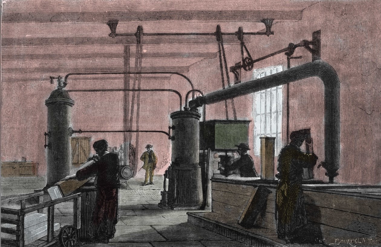 Fabriek voor de productie van ijs met het systeem van Ferdinand Carre (1824-1894). Gravure uit de 19e eeuw. door Unknown artist