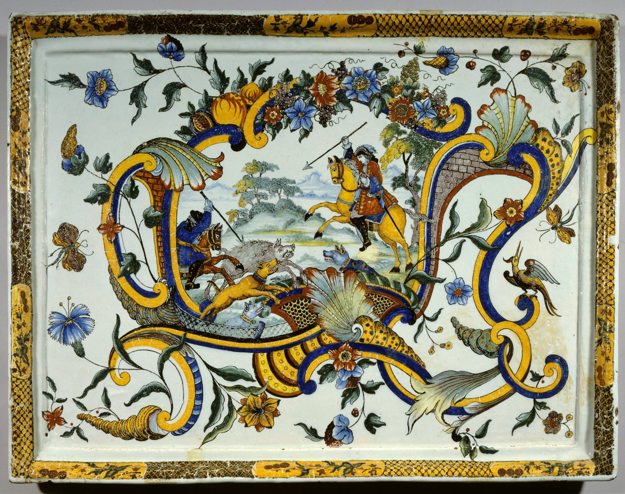 Faience schaal met een wilde zwijnen jachtscène door Unknown artist