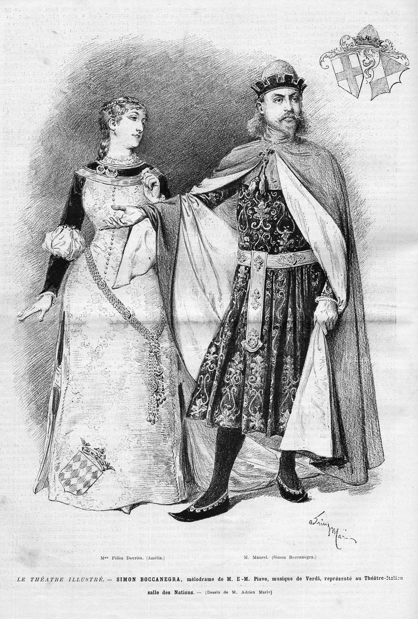 Fides Devries in de rol van Amelia en Victor Maurel (1848-1923) in die van Simon Boccanegra in de gelijknamige opera in drie akten door Giuseppe Verdi, een libretto door Francesco Maria Piave naar een stuk van Antonio Garcia Gutierrez, een vertegenwoordige door Unknown artist
