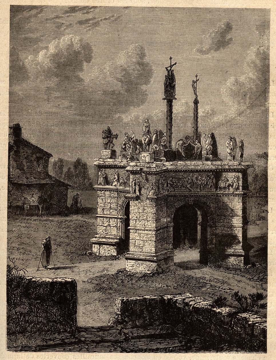 Finistère - Bretagne - Het calvarie van Pleyben - Parochieomheining van Pleyben - gravure in 