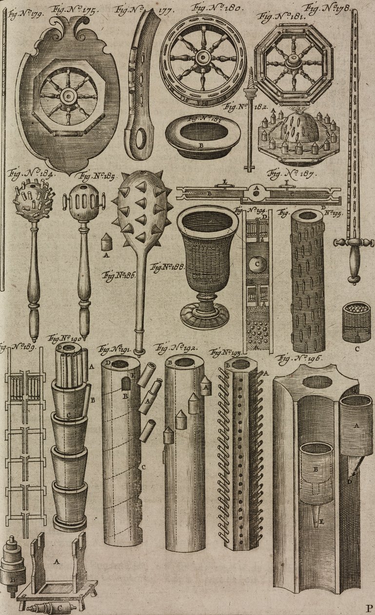Vuurwielen en lanceerbuizen voor vuurwerk, gravure uit Grand Art d