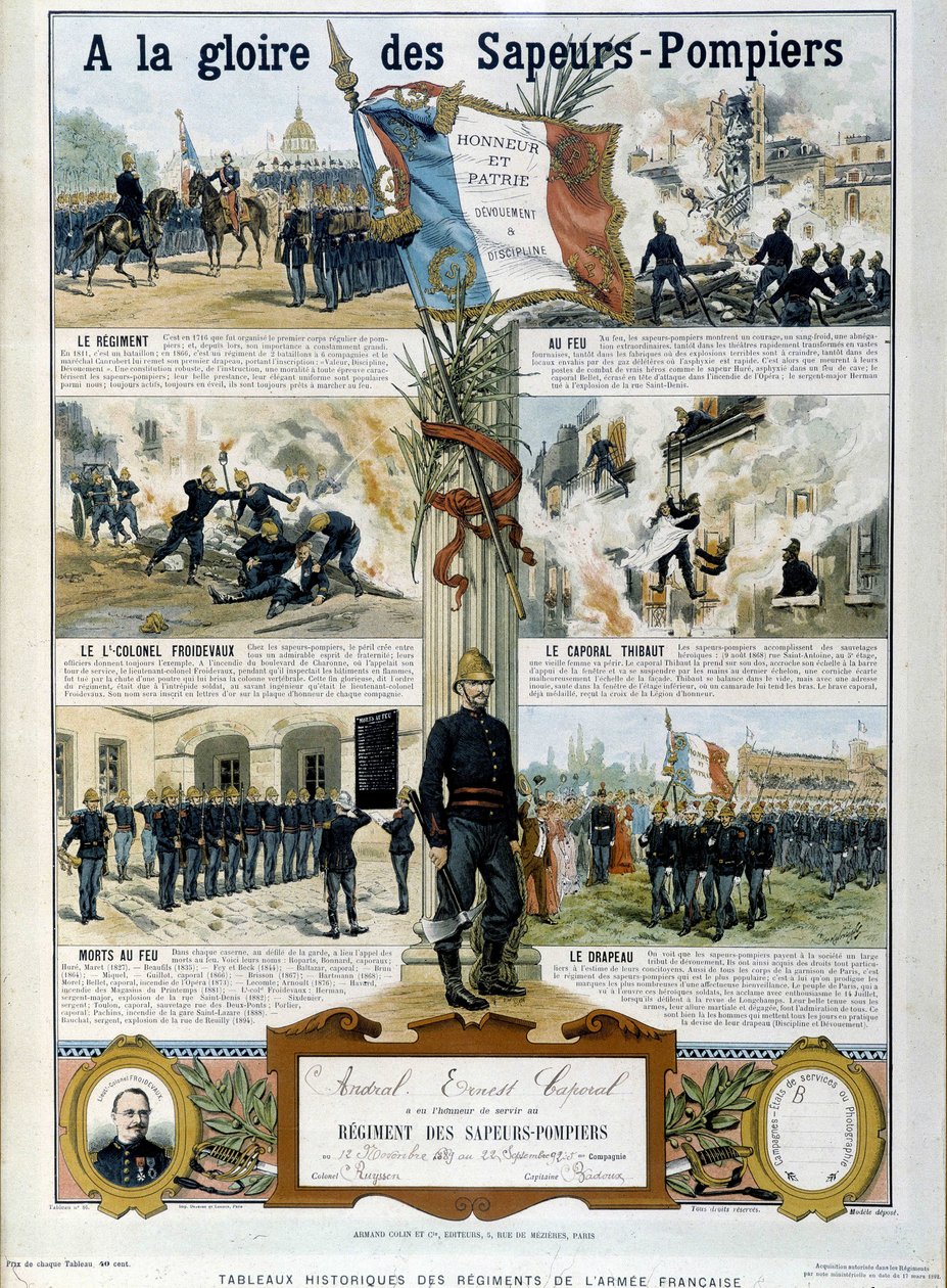 Brandweerlieden: Tot de glorie van de Sapeurs - in "Historische schilderijen van de regimenten van het Franse leger" circa 1890 door Unknown artist