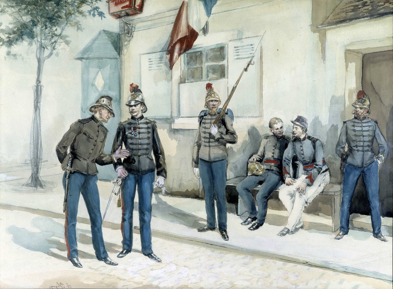 Brandweerlieden voor hun kazerne in 1870 door Unknown artist