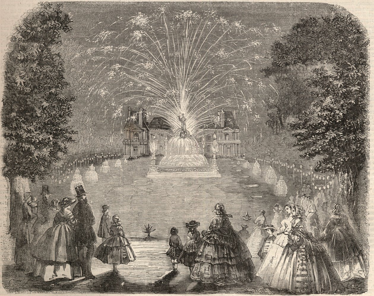 Vuurwerk en verlichting van het kasteel van Maison Laffitte op de avond van de landbouwcommissie wedstrijd. Gravure in 