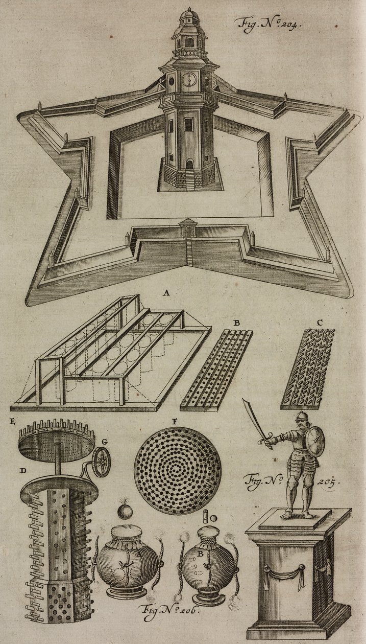 Vuurwerk lanceertoren, pyrotechnische display machines, gravure uit Grand Art d