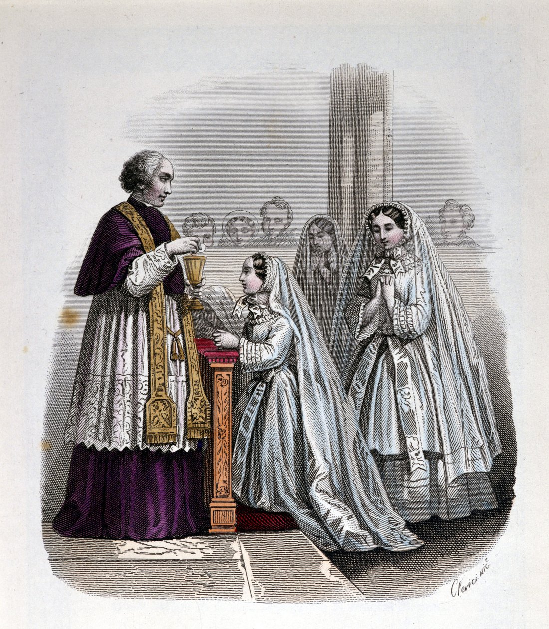 Eerste communie scène, gravure door Unknown artist