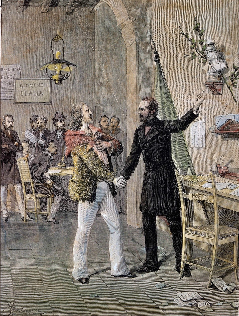 Eerste ontmoeting tussen Giuseppe Garibaldi en Giuseppe Mazzini in Marseille in 1833 (gravure) door Unknown artist