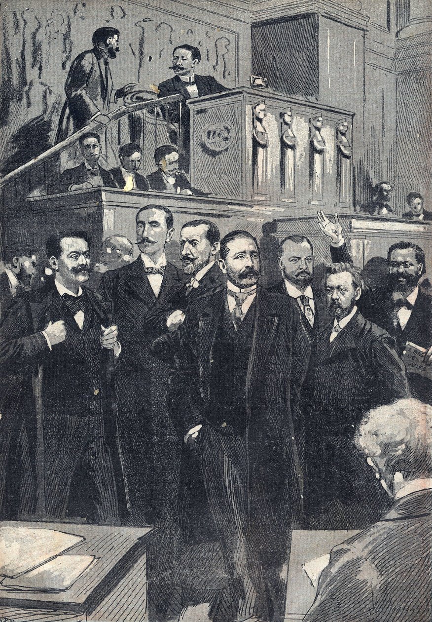 Eerste zitting van de Kamer van Afgevaardigden gekozen in 1898: Paul Deschanel (1855-1922), voorzitter van de Kamer van Afgevaardigden. Paul Adolphe Granier de Cassagnac (1842-1904), Lucien Millevoye (1850-1918), Paul Deroulede (1846-1914), Jacques Piou (1 door Unknown artist