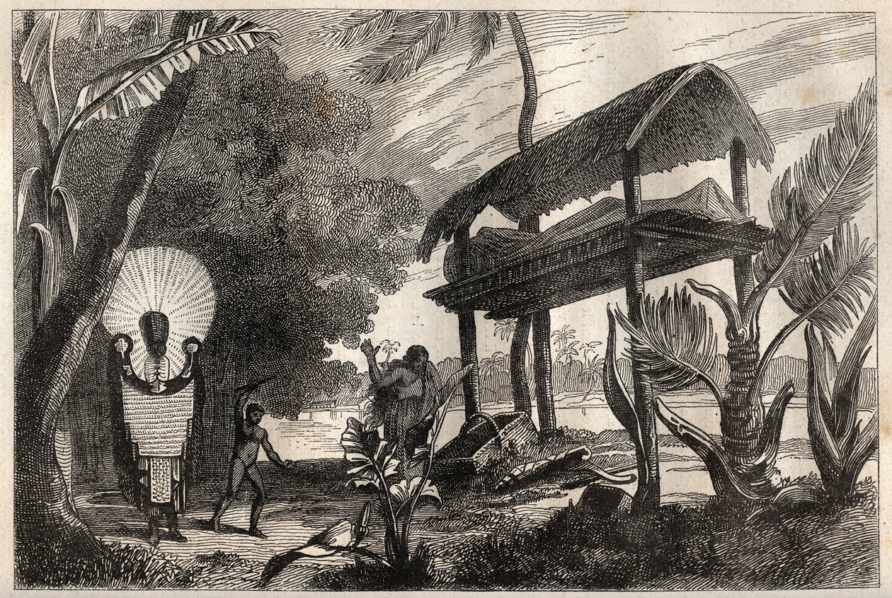 Eerste reis (1768-1771) van Kapitein James Cook (1728-1779): een fia-toka (fia toka), begraafgebouw van Tahiti - illustratie uit 