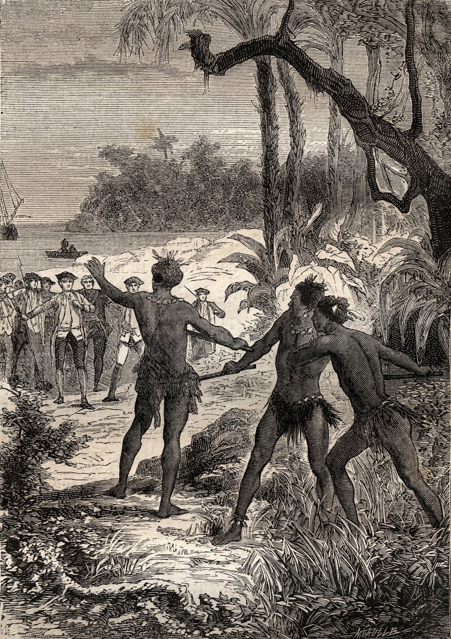 Eerste reis (1768-1771) van kapitein James Cook (1728-1779): terwijl Cook en tien zeelieden langs de zuidkust van Nieuw-Guinea varen, komen drie Indianen met grote kreten uit het bos - illustratie uit 