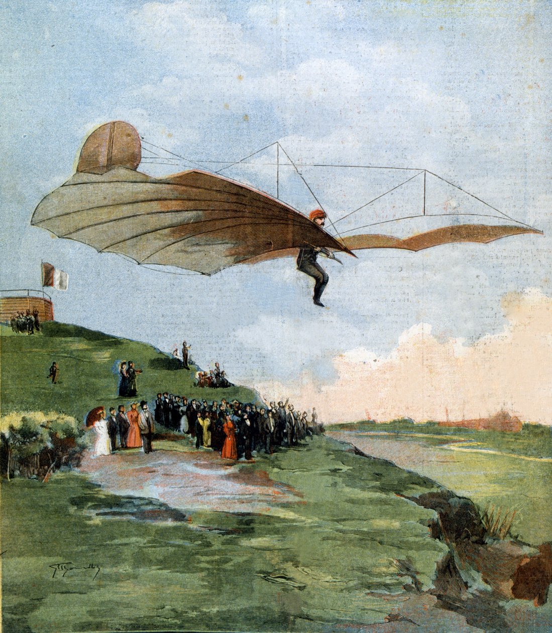 Vlucht van Otto Lilienthal (1848 - 1896), pionier van het zweefvliegen. 1894. door Unknown artist