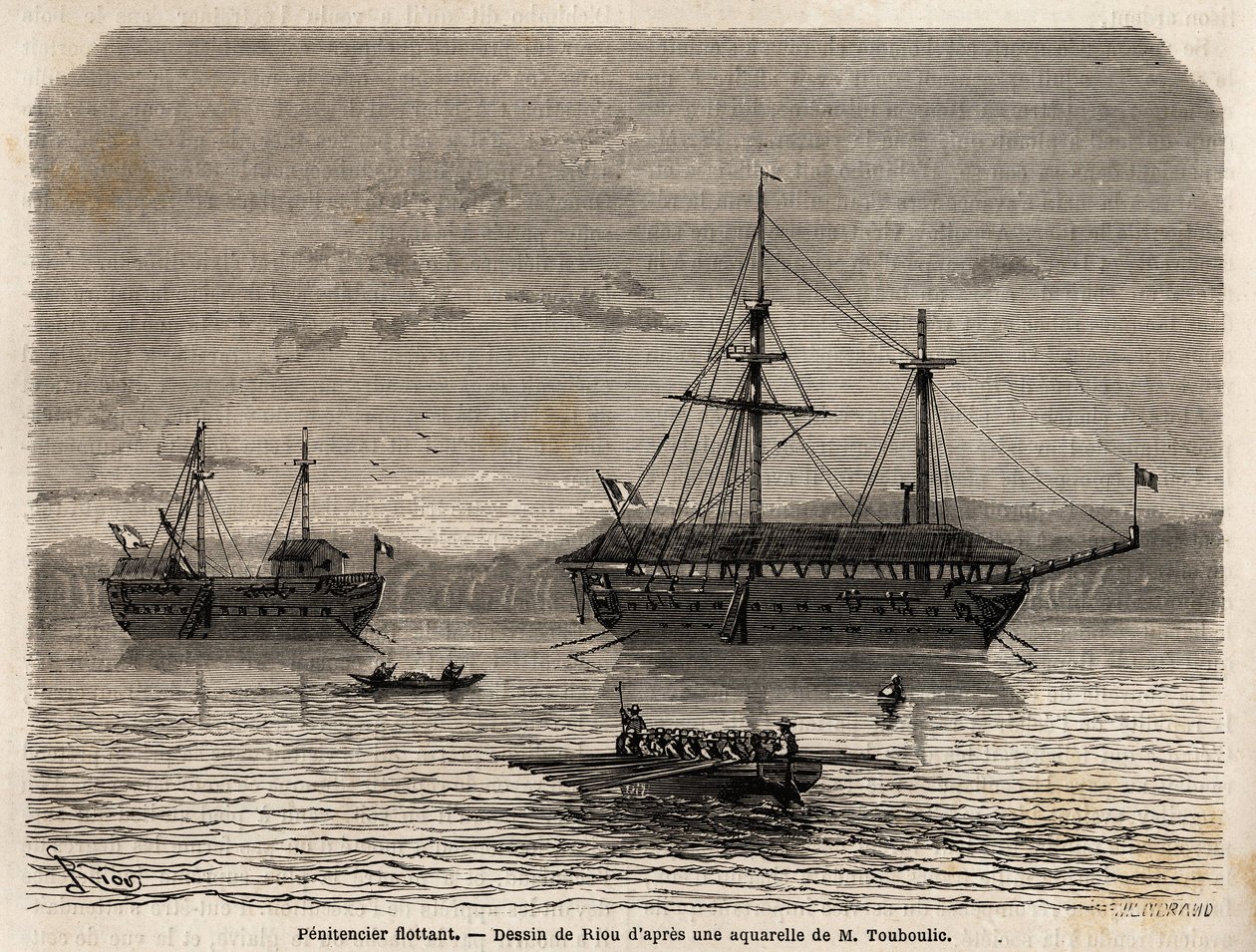 Drijvende gevangenissen van Frans-Guyana, een kolonie gewijd aan de gevangenschap van degenen die de rechtbanken overnamen en de mannen die moesten blijven. Gravure ter illustratie van de reis in Frans-Guyana in 1862-1863, door Frederic Bouyer, fregatkapit door Unknown artist