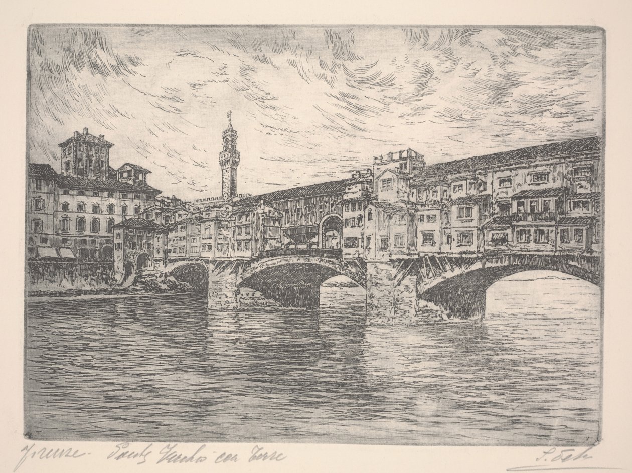 Florence, Ponte Vecchio met toren door Unknown artist