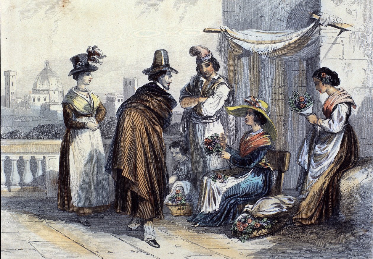 Bloemist in Florence. Lithografie rond 1820 door Unknown artist